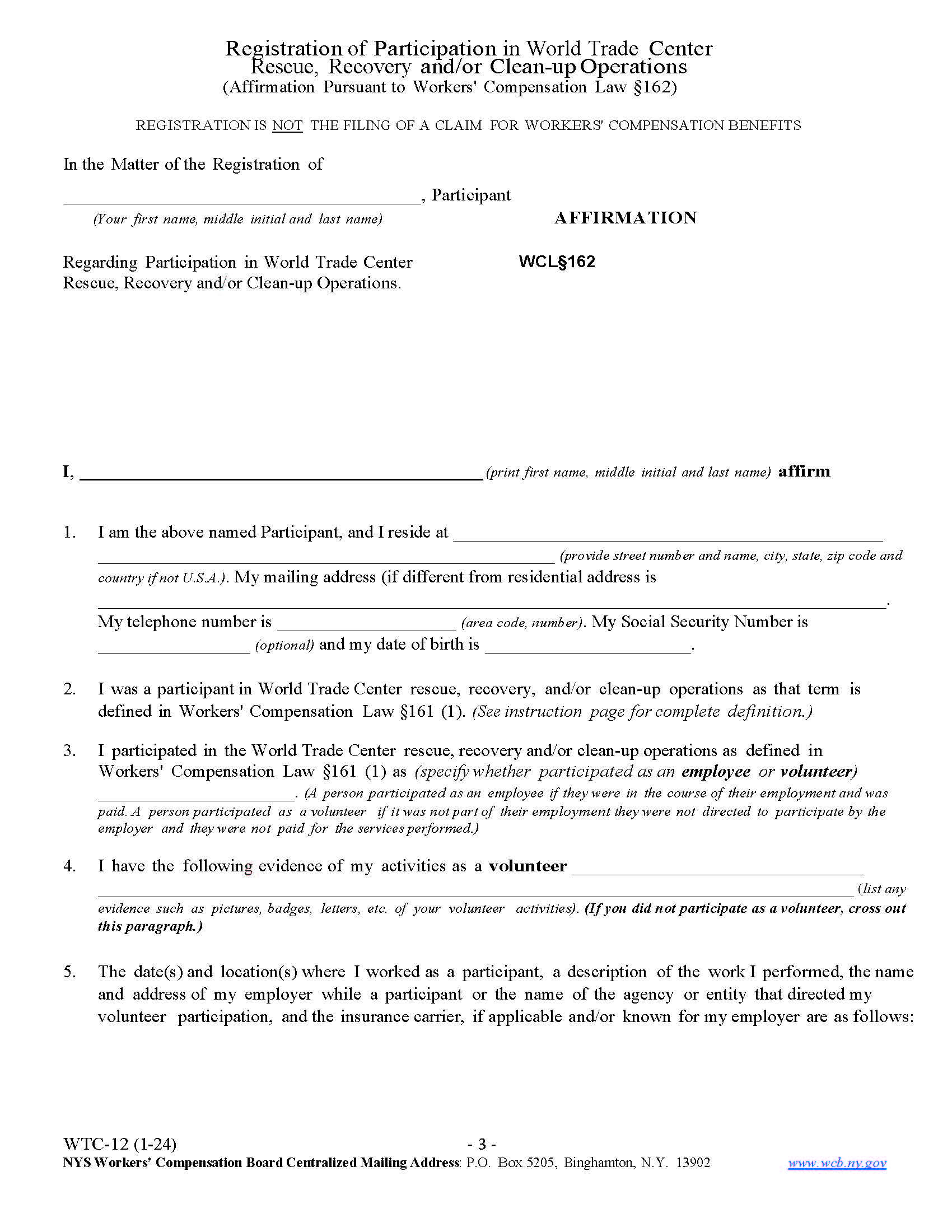 Registration Of Participation In WTC Rescue Recovery Clean-Up Operations {WTC-12} | Pdf Fpdf Docx | New York