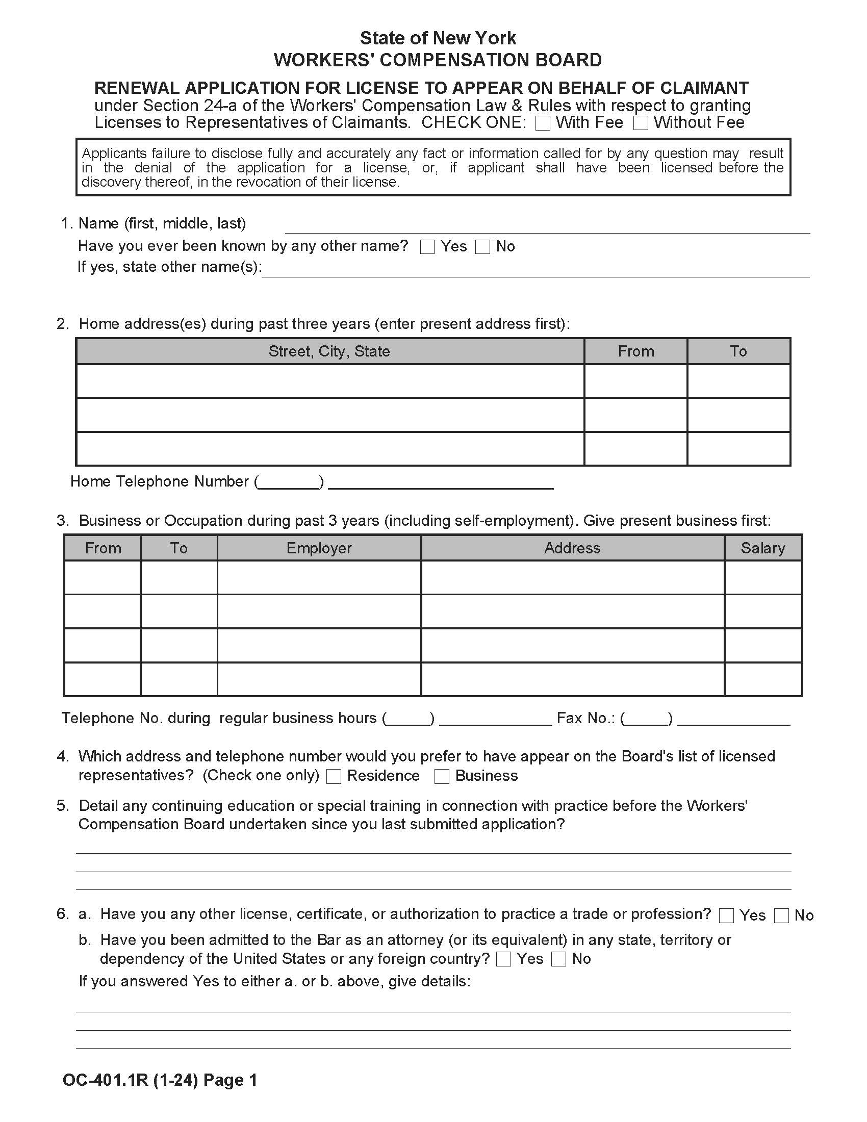 Renewal Application For License To Appear On Behalf Of Claimant {OC-401.1R} | Pdf Fpdf Doc Docx | New York