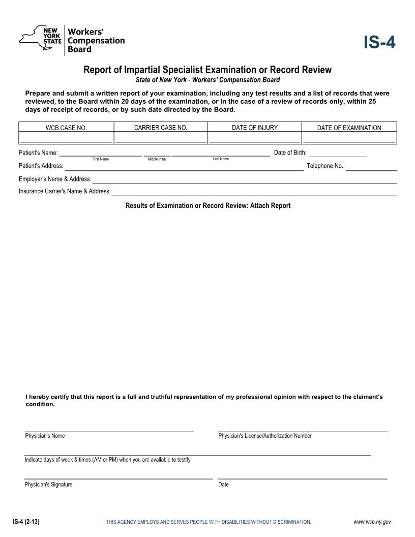 Report Of Impartial Specialist Examination Or Record Review {IS-4} | Pdf Fpdf Docx | New York