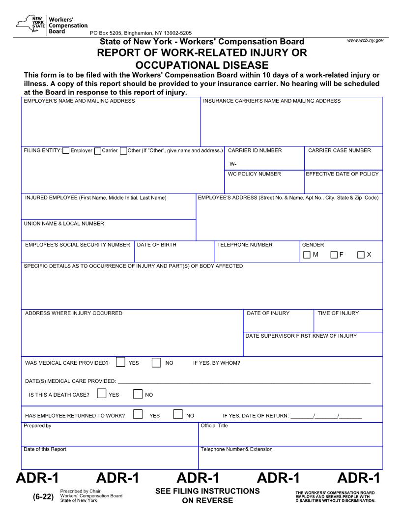 Report Of Work-Related Injury Or Occupational Disease {ADR-1} | Pdf Fpdf Doc Docx | New York