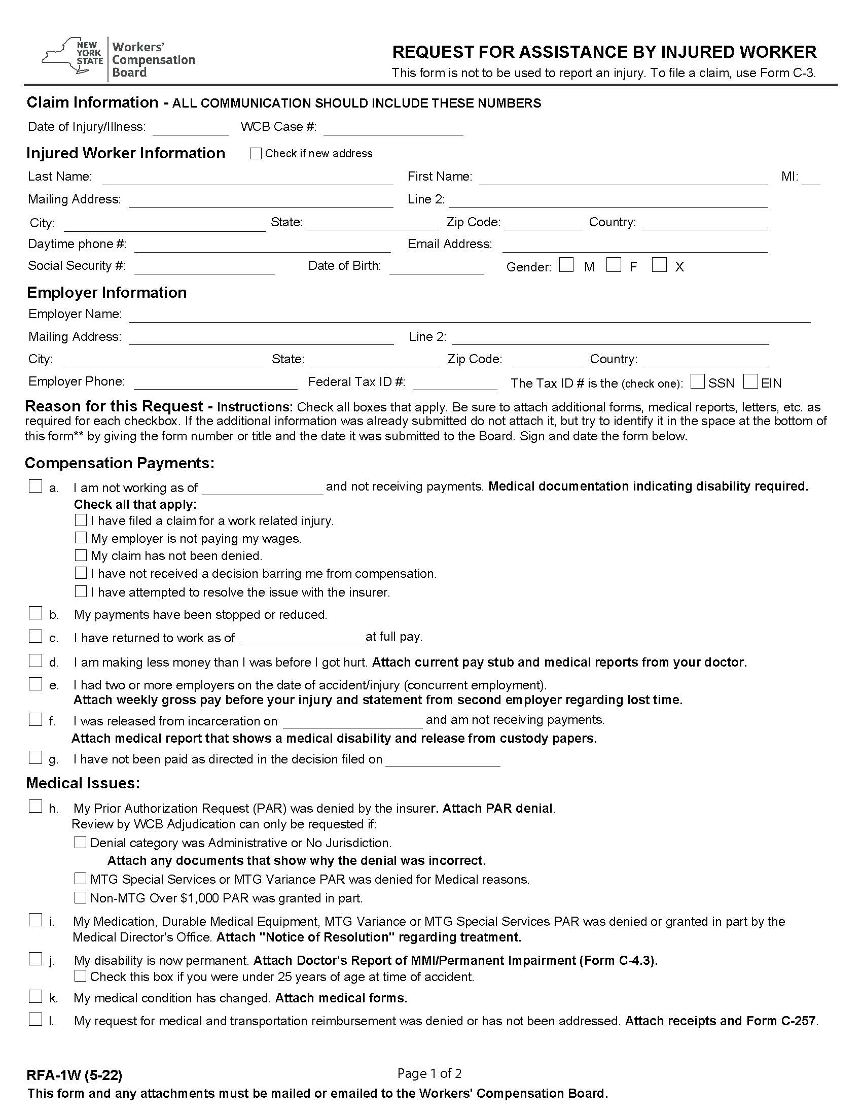 Request For Assistance By Injured Worker {RFA-1W} | Pdf Fpdf Docx | New York