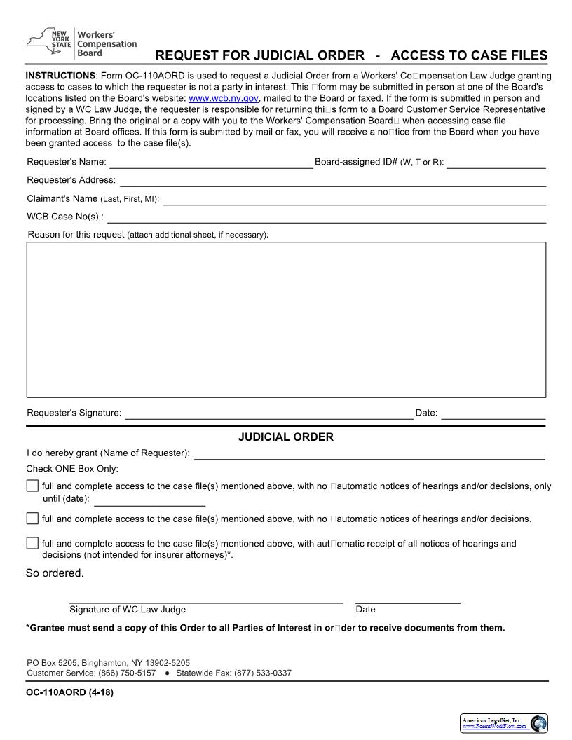 Request For Judicial Order - Access To Case Files {OC-110AORD} | Pdf Fpdf Docx | New York