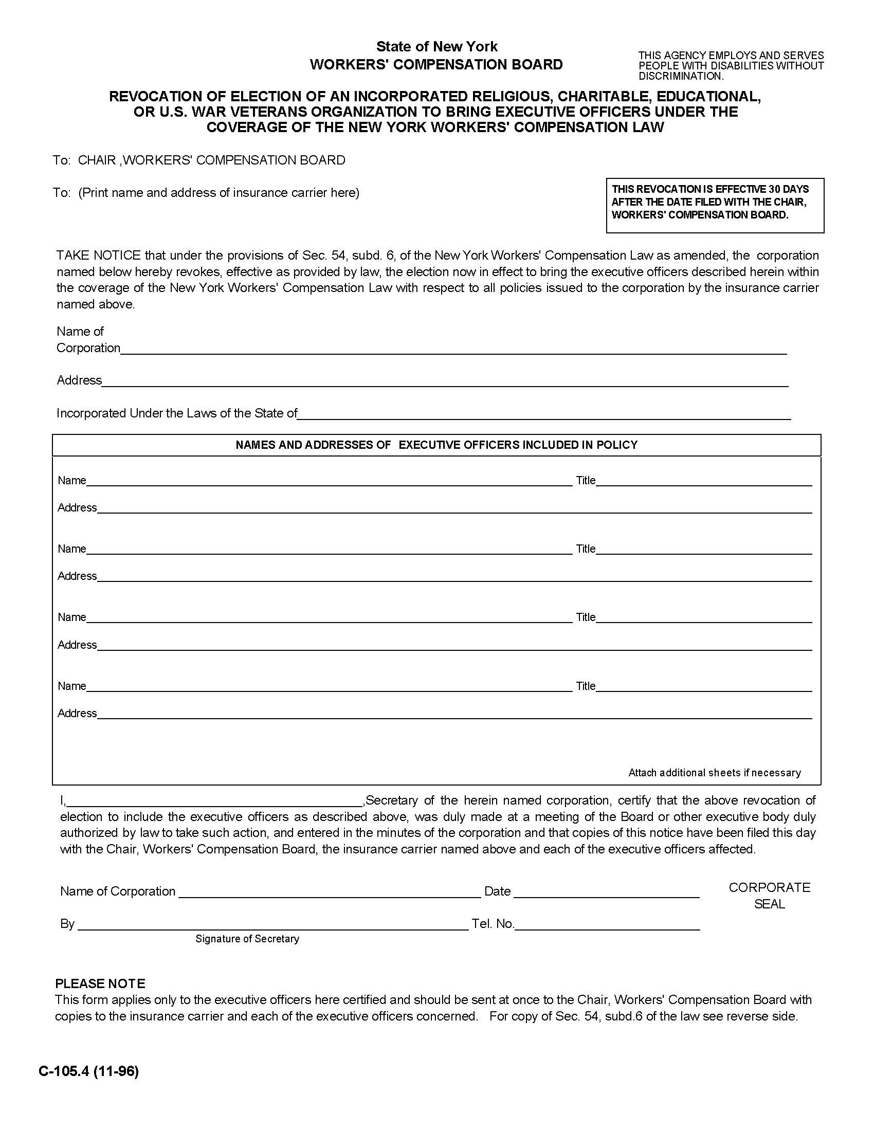Revocation Of Election Religious Charitable Organization Bring Executives Under NY WC {C-105.4} | Pdf Fpdf Docx | New York