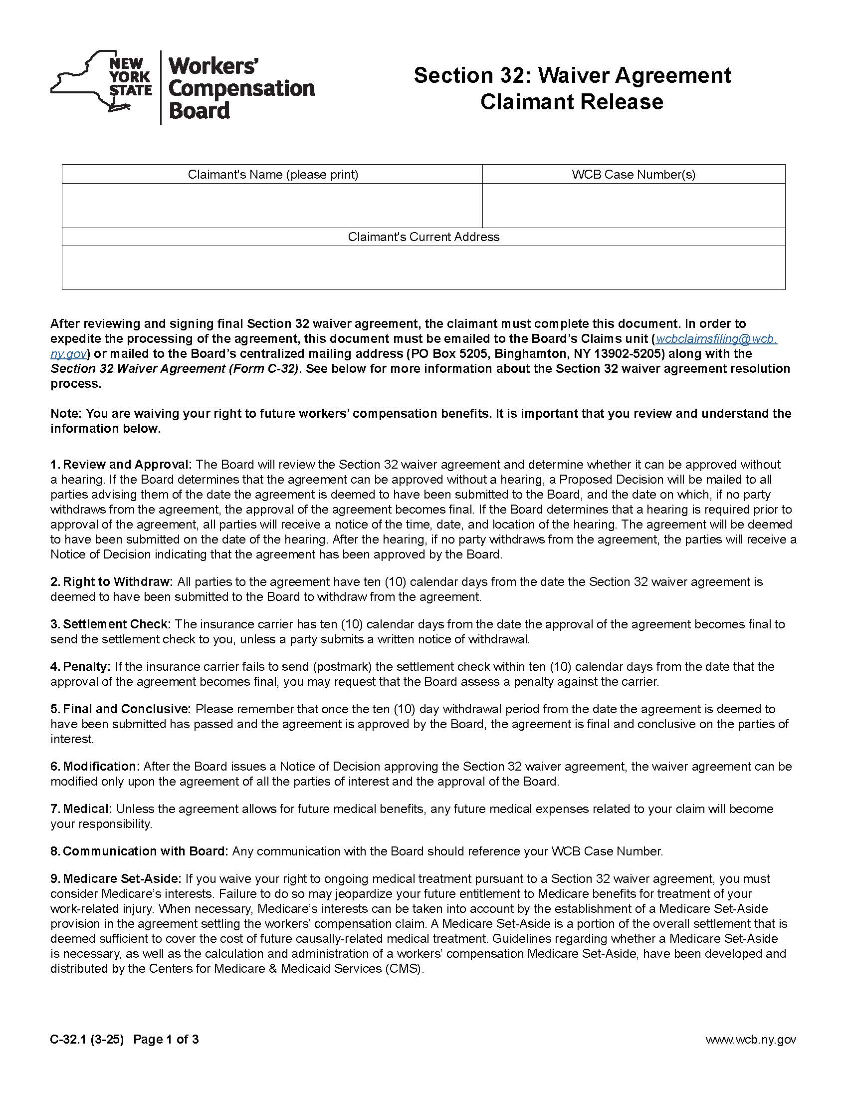 Section 32 Waiver Agreement Claimant Release {C-32.1} | Pdf Fpdf Doc Docx | New York