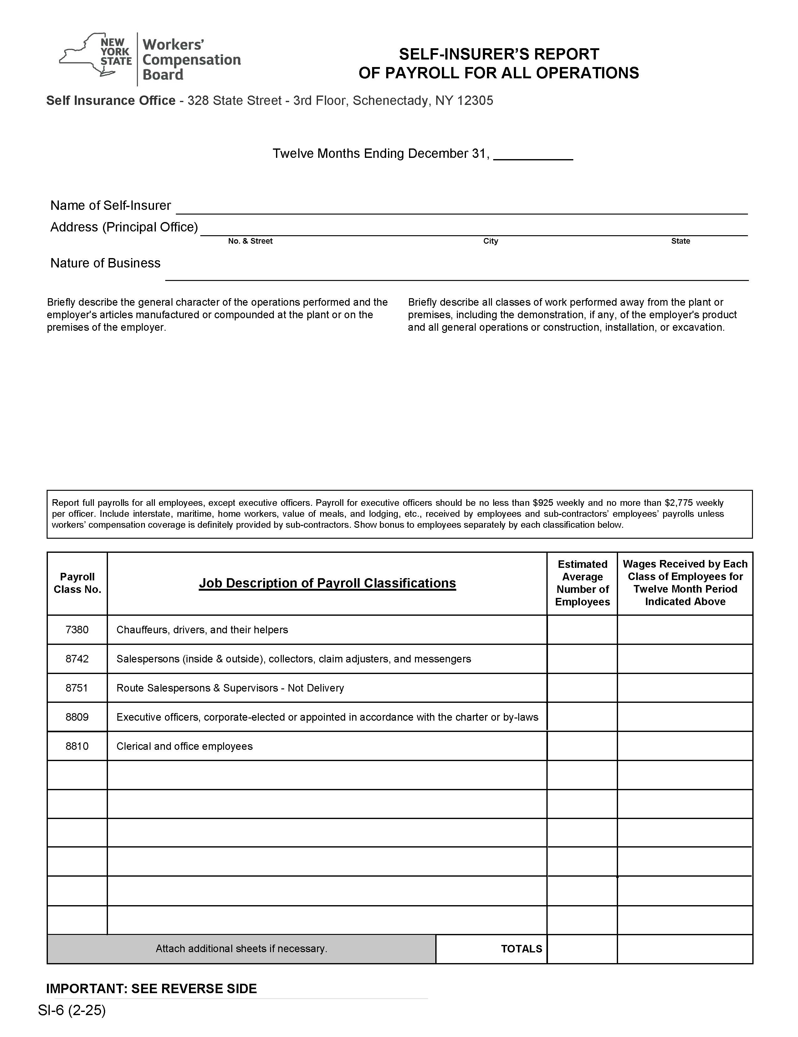 Self Insurers Report Of Payroll For All Operations {SI-6} | Pdf Fpdf Docx | New York