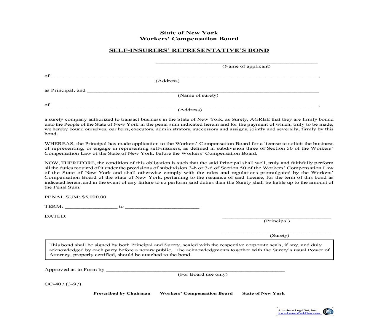 Self Insurers Representatives Bond {OC-407} | Pdf Fpdf Doc Docx | New York