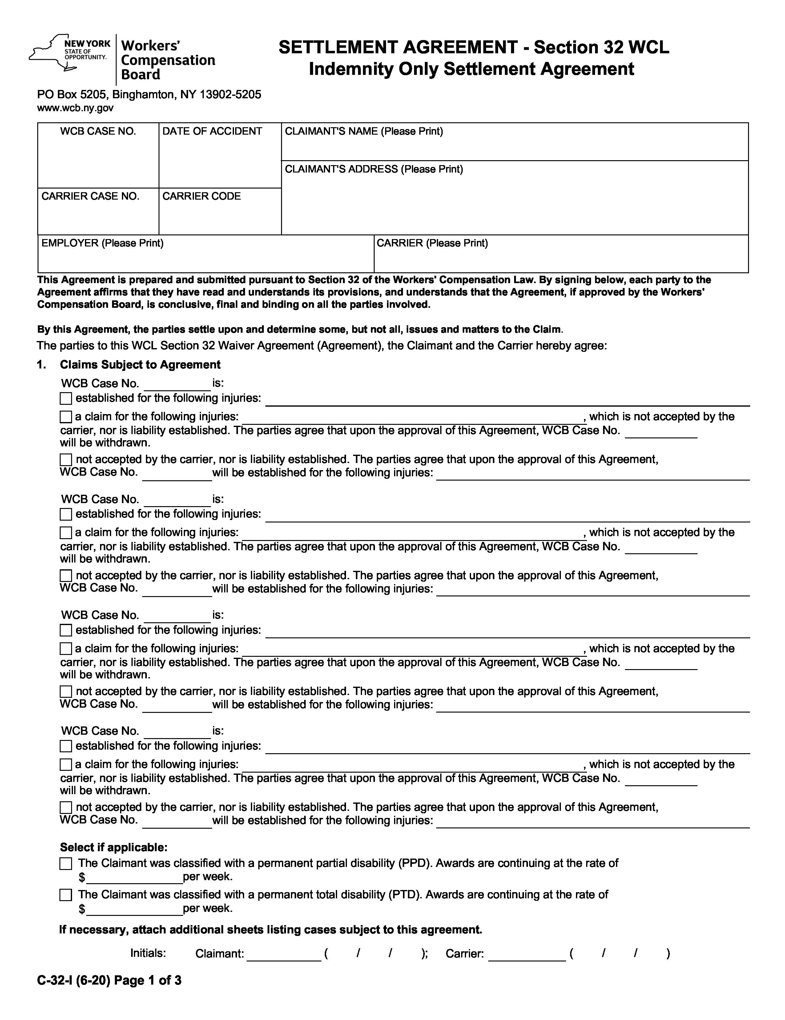 Settlement Agreement - Section 32 WCL Indemnity Only Settlement Agreement {C-32-I} | Pdf Fpdf Doc Docx | New York