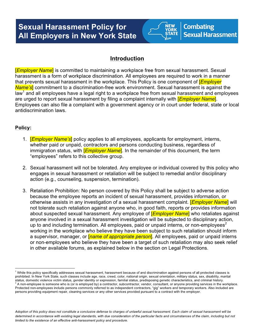 Sexual Harassment Prevention Poster | Pdf Fpdf Docx | New York