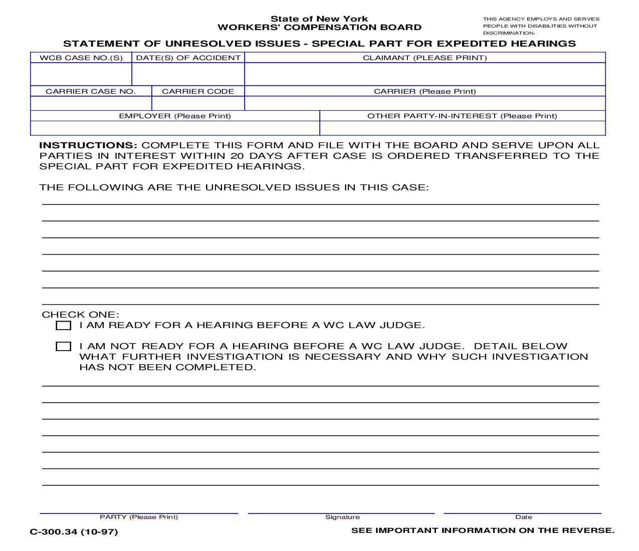 Statement Of Unresolved Issues-Special Part For Expedited Hearings {C-300.34} | Pdf Fpdf Doc Docx | New York