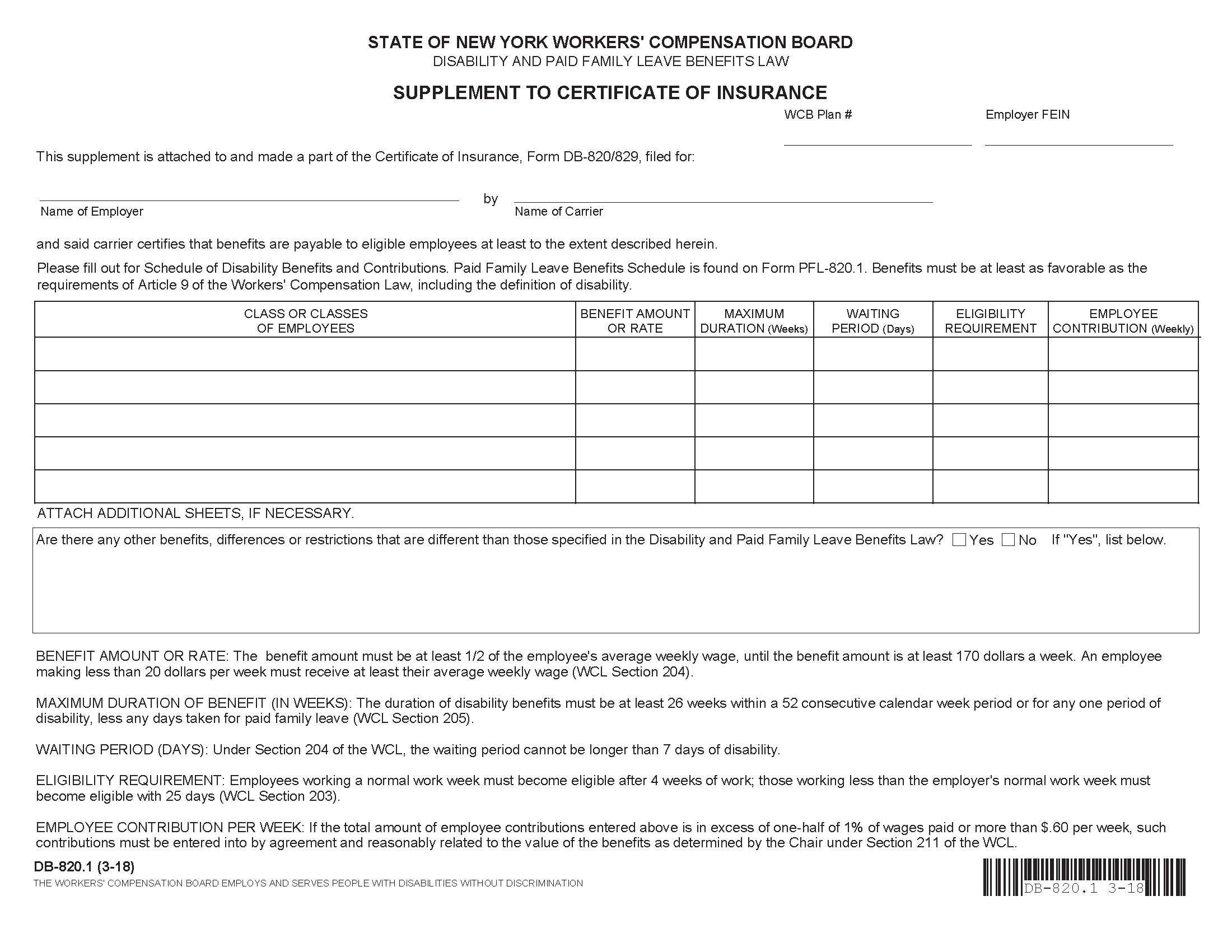Supplement To Certificate Of Insurance {DB-820.1} | Pdf Fpdf Docx | New York