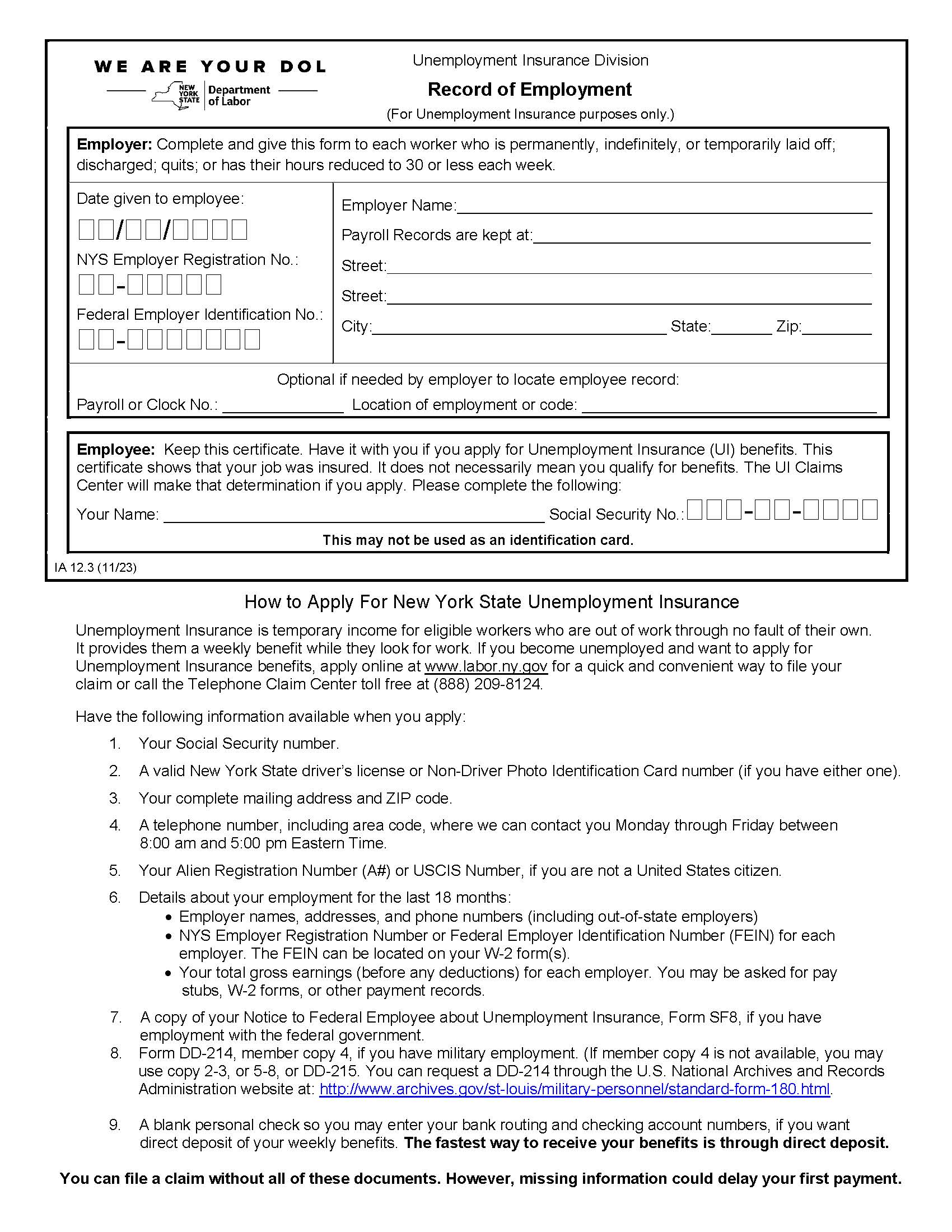 Unemployment – Record of Employment | Pdf Fpdf Docx | New York