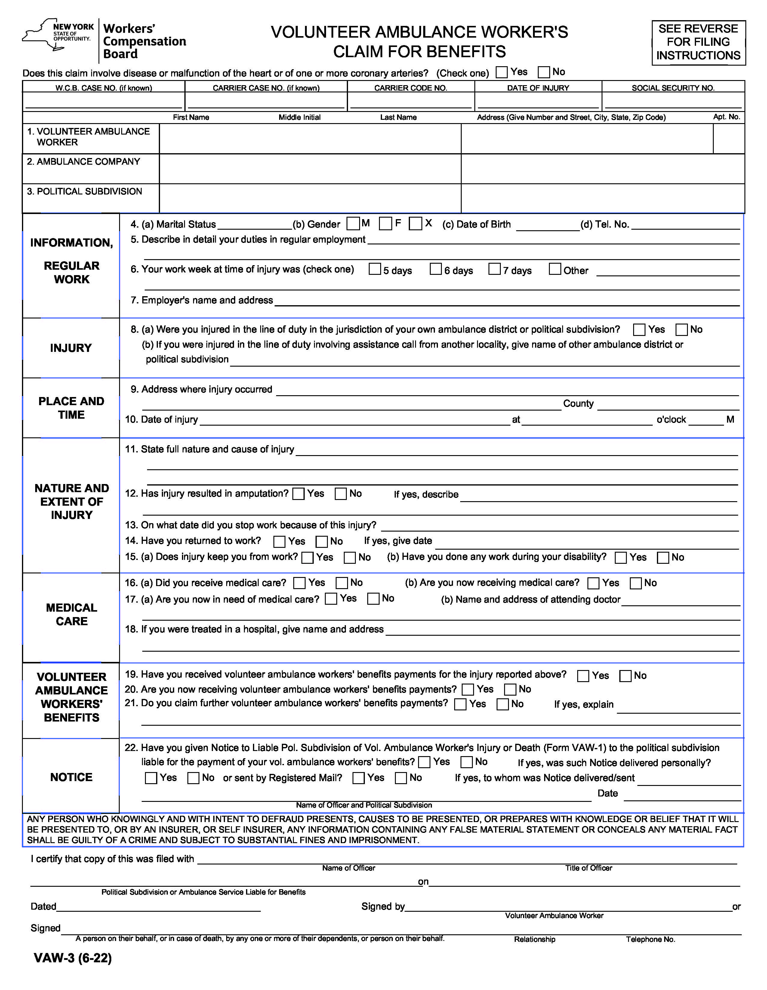 Volunteer Ambulance Workers Claim For Benefits {VAW-3} | Pdf Fpdf Doc Docx | New York