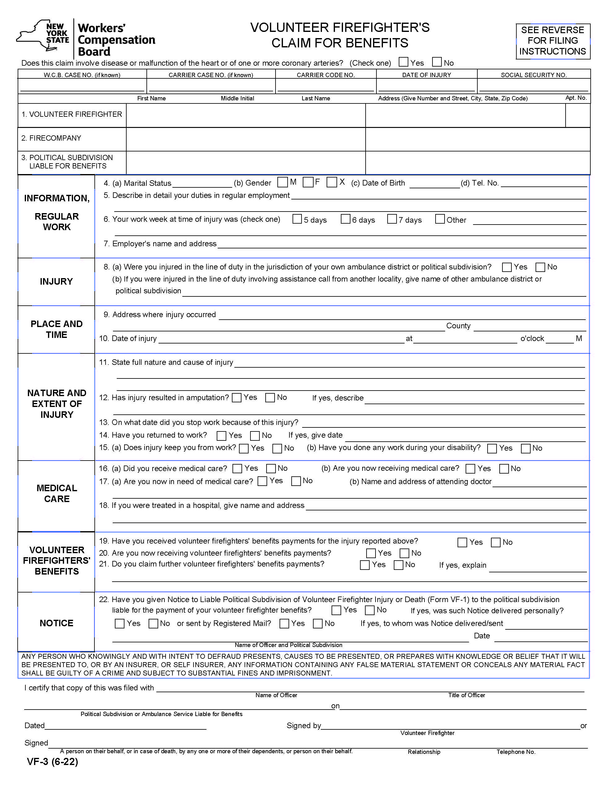 Volunteer Firefighters Claim For Benefits {VF-3} | Pdf Fpdf Doc Docx | New York