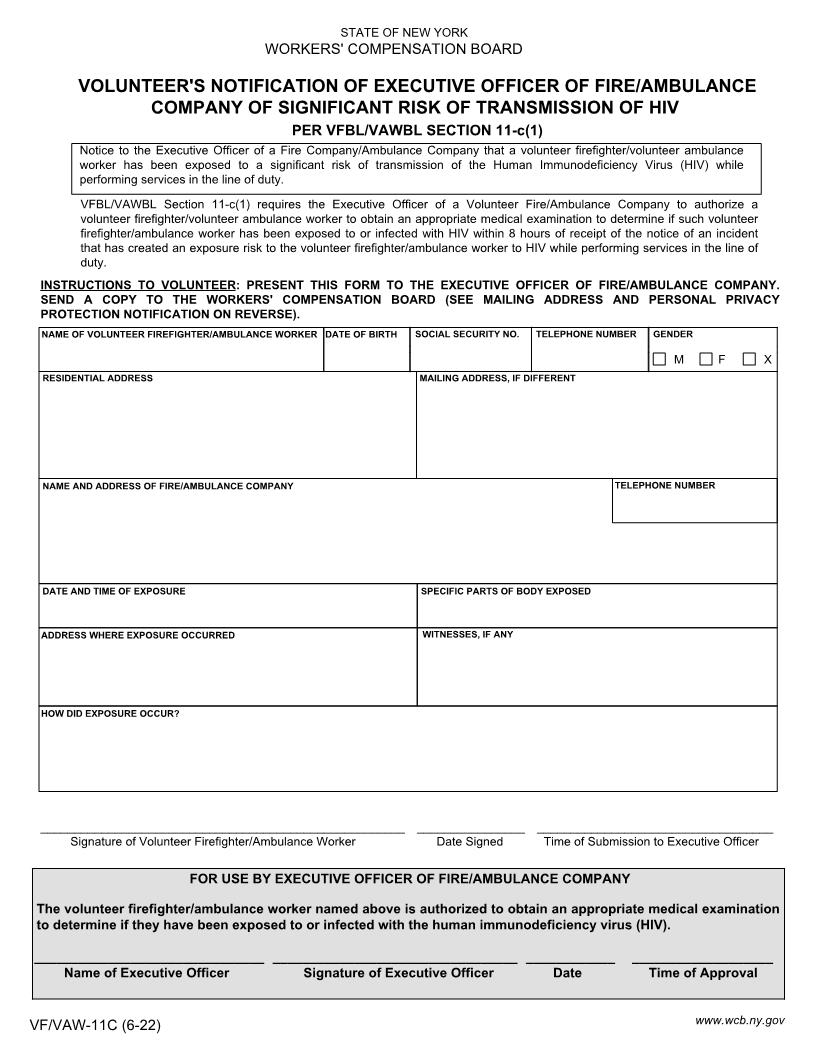 Volunteers Notification Of Exec Officer Fire-Ambulance Company-Significant Risk Of HIV {VF-VAW-11C} | Pdf Fpdf Doc Docx | New York