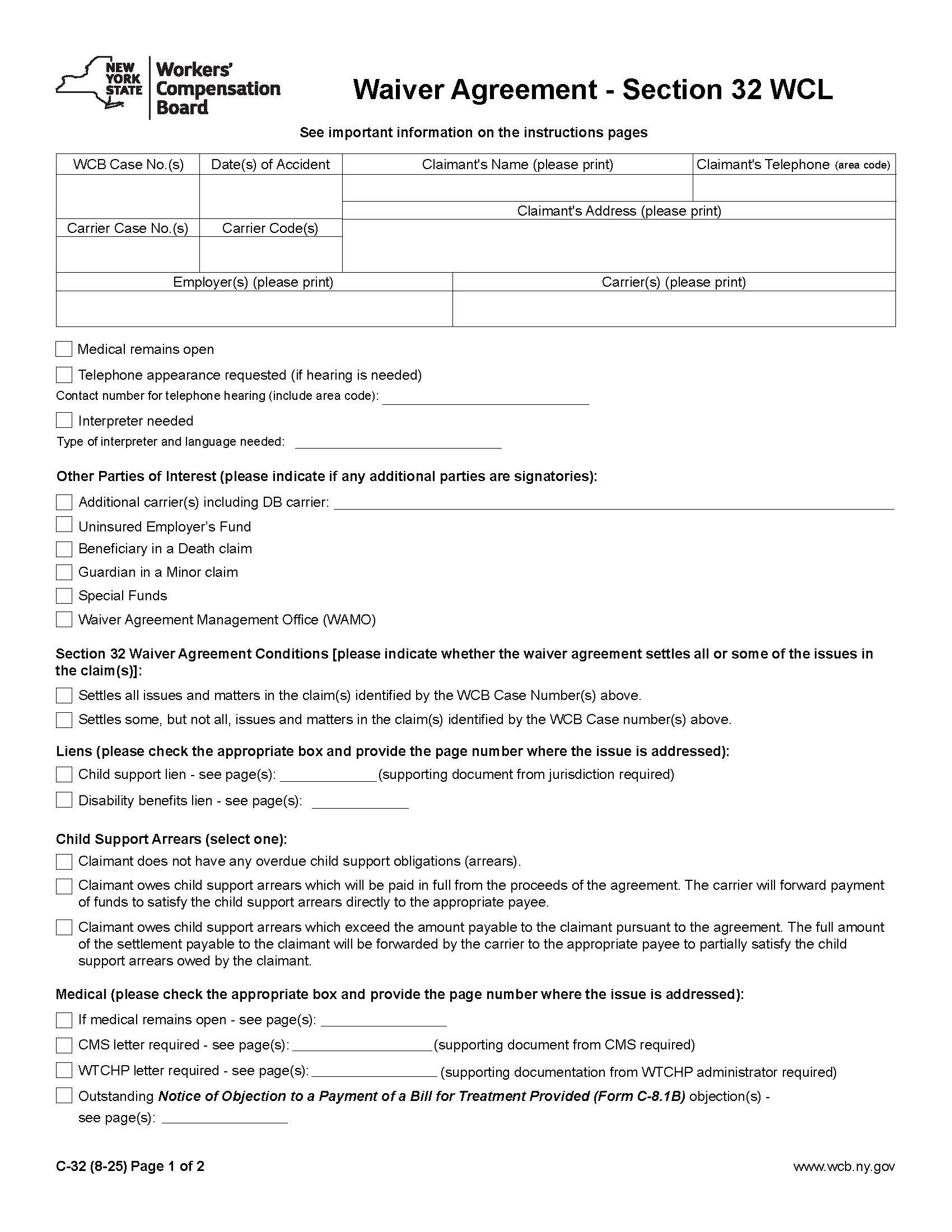 Waiver Agreement - Section 32 WCL {C-32} | Pdf Fpdf Doc Docx | New York