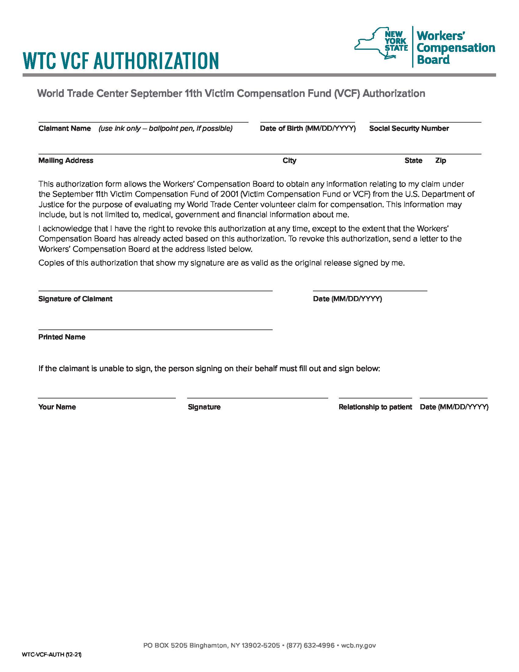 World Trade Center September 11th Victim Compensation Fund Authorization {WTC-VCF-AUTH} | Pdf Fpdf Docx | New York