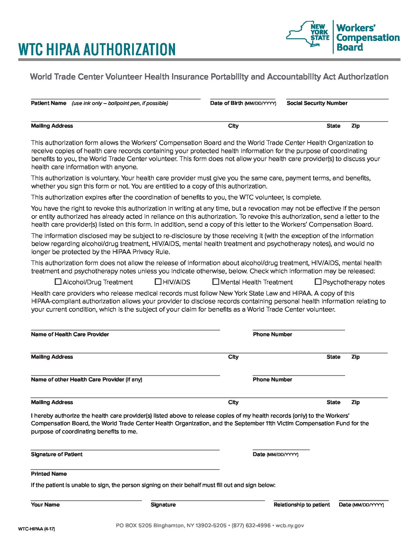 World Trade Center Volunteer HIPAA Authorization {WTC-HIPAA} | Pdf Fpdf Docx | New York