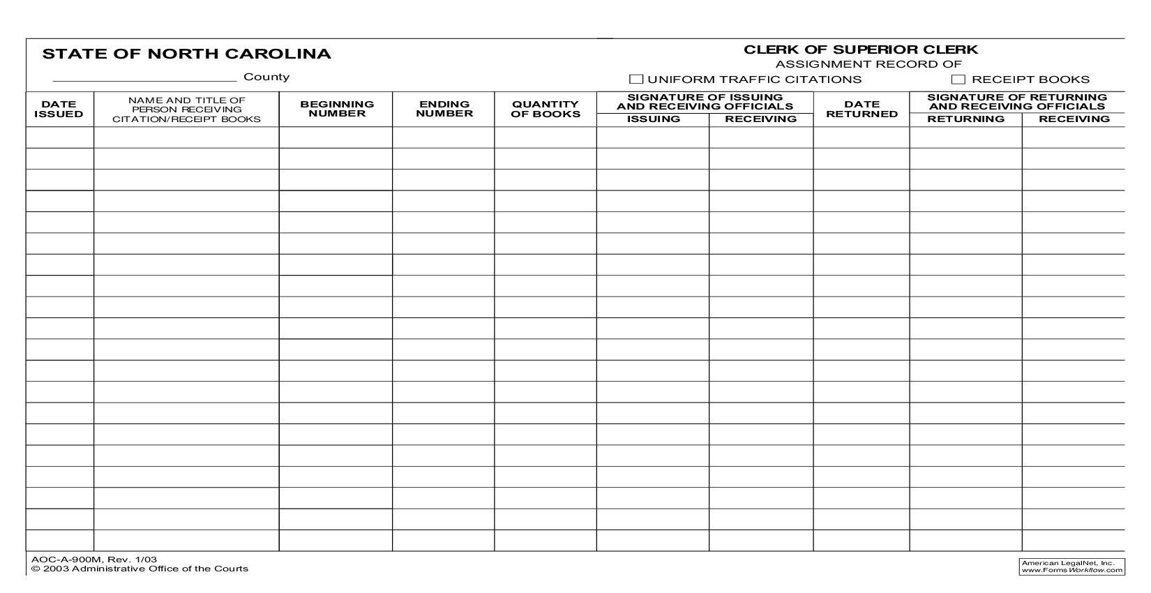 Assignment Record Of Uniform Traffic Citations Receipt Books {A-900M} |  | North Carolina