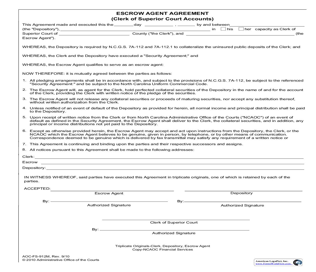 Escrow Agent Agreement {FS-912M} | Pdf Fpdf Doc Docx | North Carolina