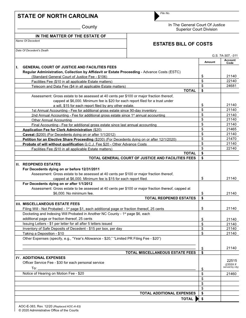 Estate Bill Of Costs {E-383} | Pdf Fpdf Docx | North Carolina