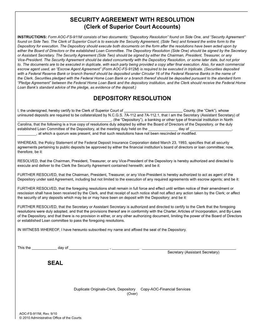 Security Agreement With Resolution {FS-911M} | Pdf Fpdf Doc Docx | North Carolina