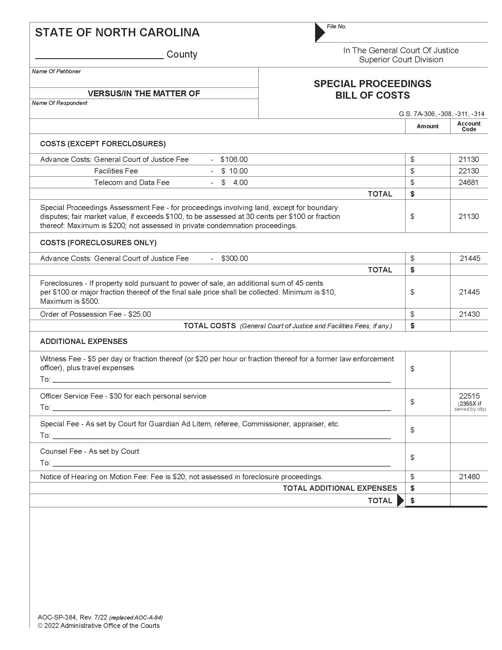 Special Proceedings Bill Of Costs {SP-384} | Pdf Fpdf Docx | North Carolina