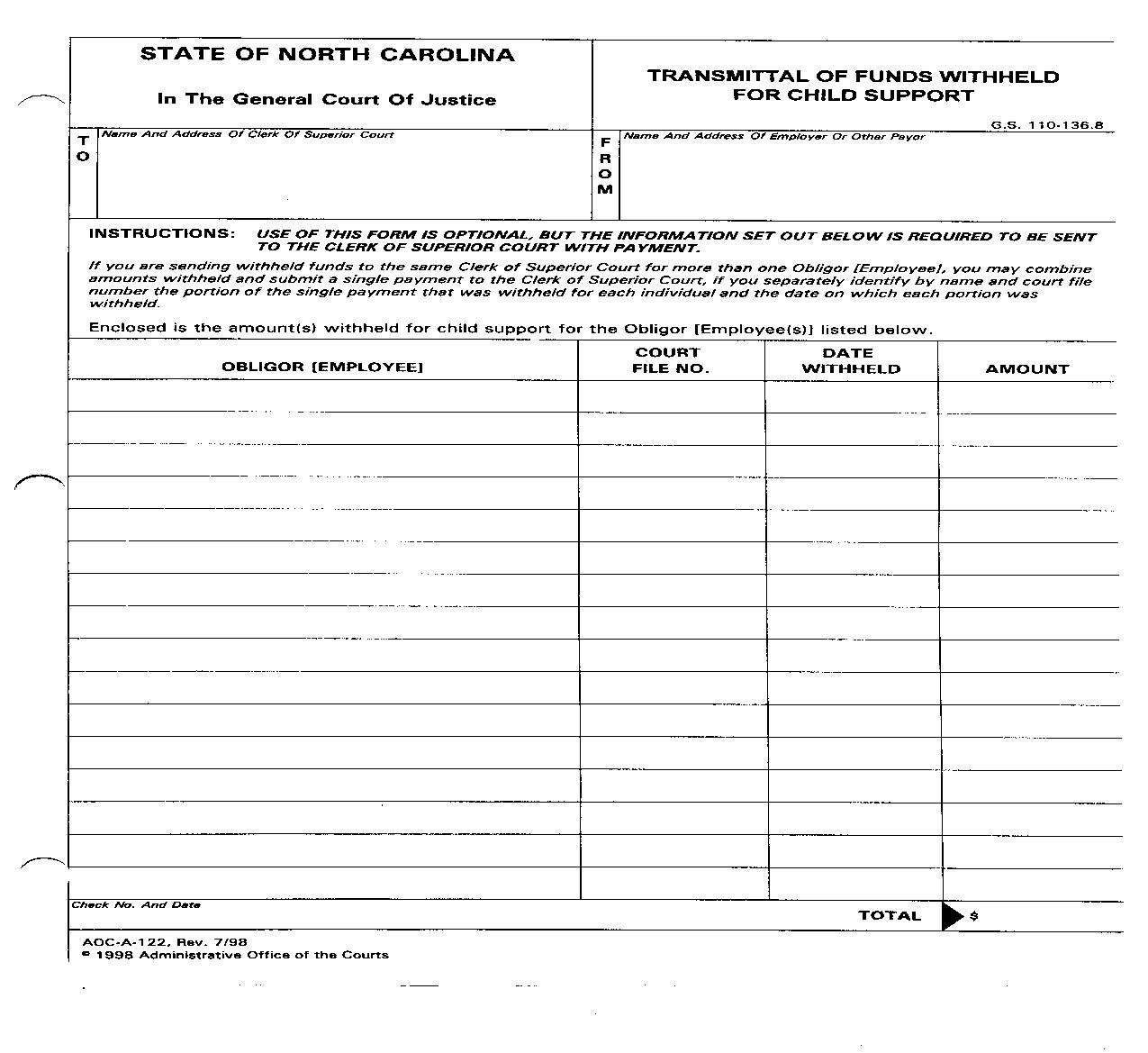 Transmittal Of Funds Withheld For Child Support {A-122} | Pdf Fpdf Doc Docx | North Carolina