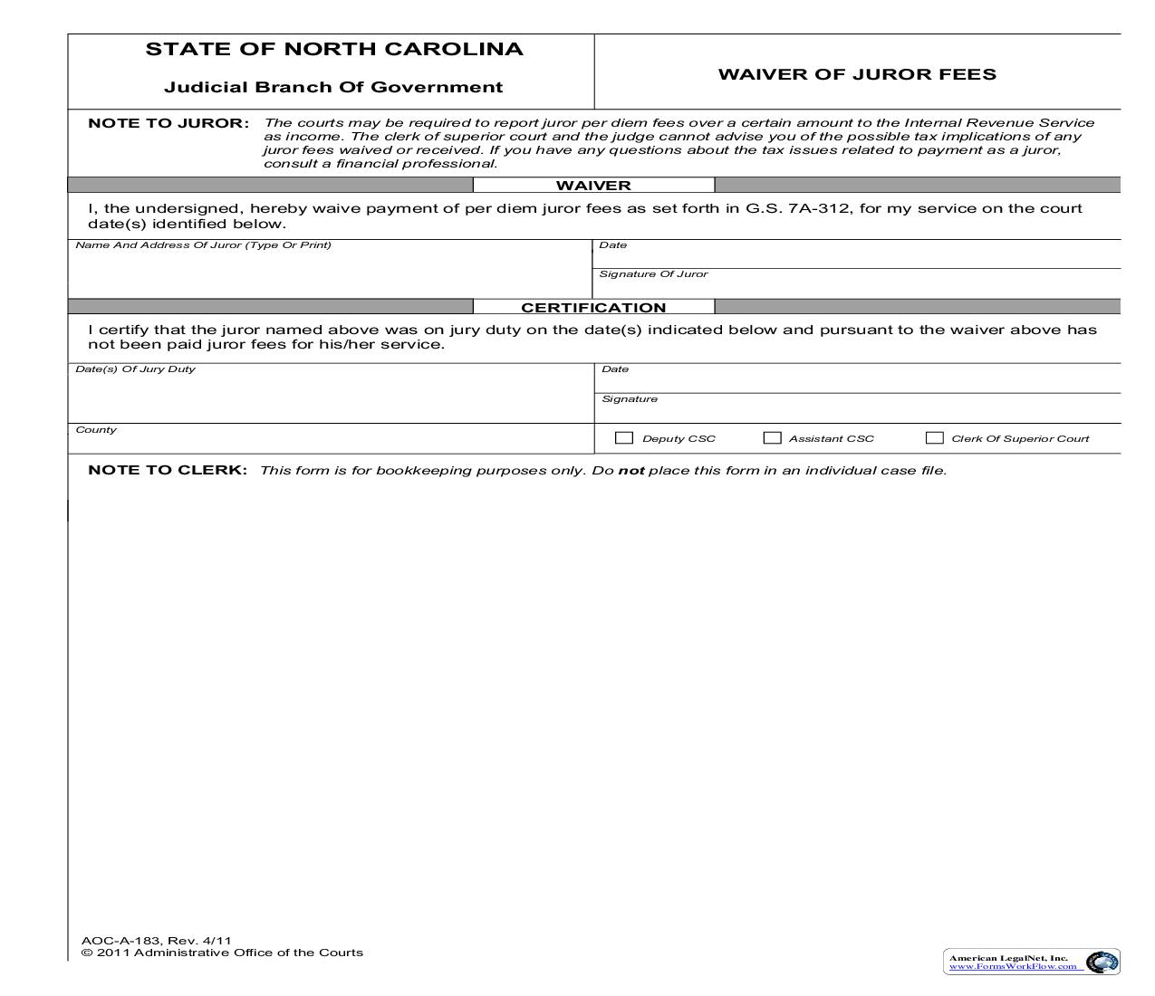 Waiver Of Juror Fees {A-183} | Pdf Fpdf Doc Docx | North Carolina