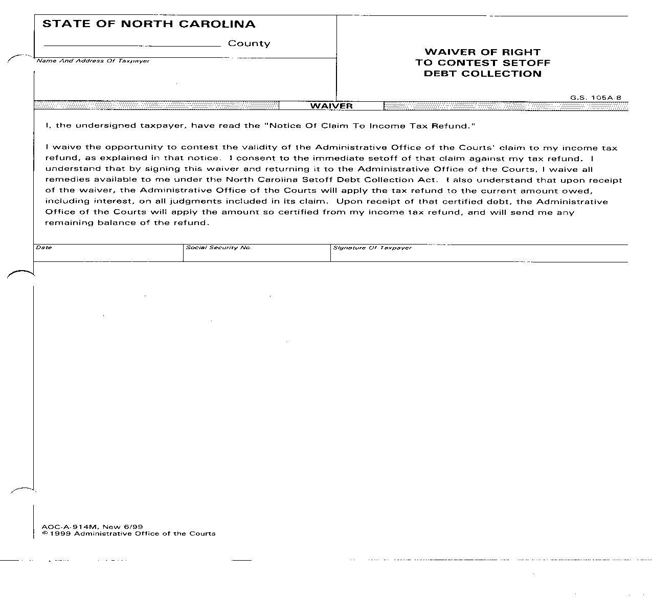 Waiver Of Right To Contest Setoff Debt Collection {A-914M} |  | North Carolina