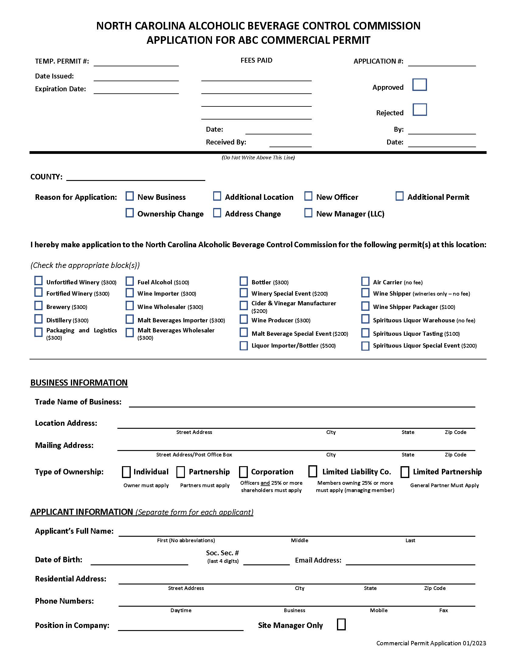 Application For ABC Commercial Permit  | Pdf Fpdf Docx | North Carolina