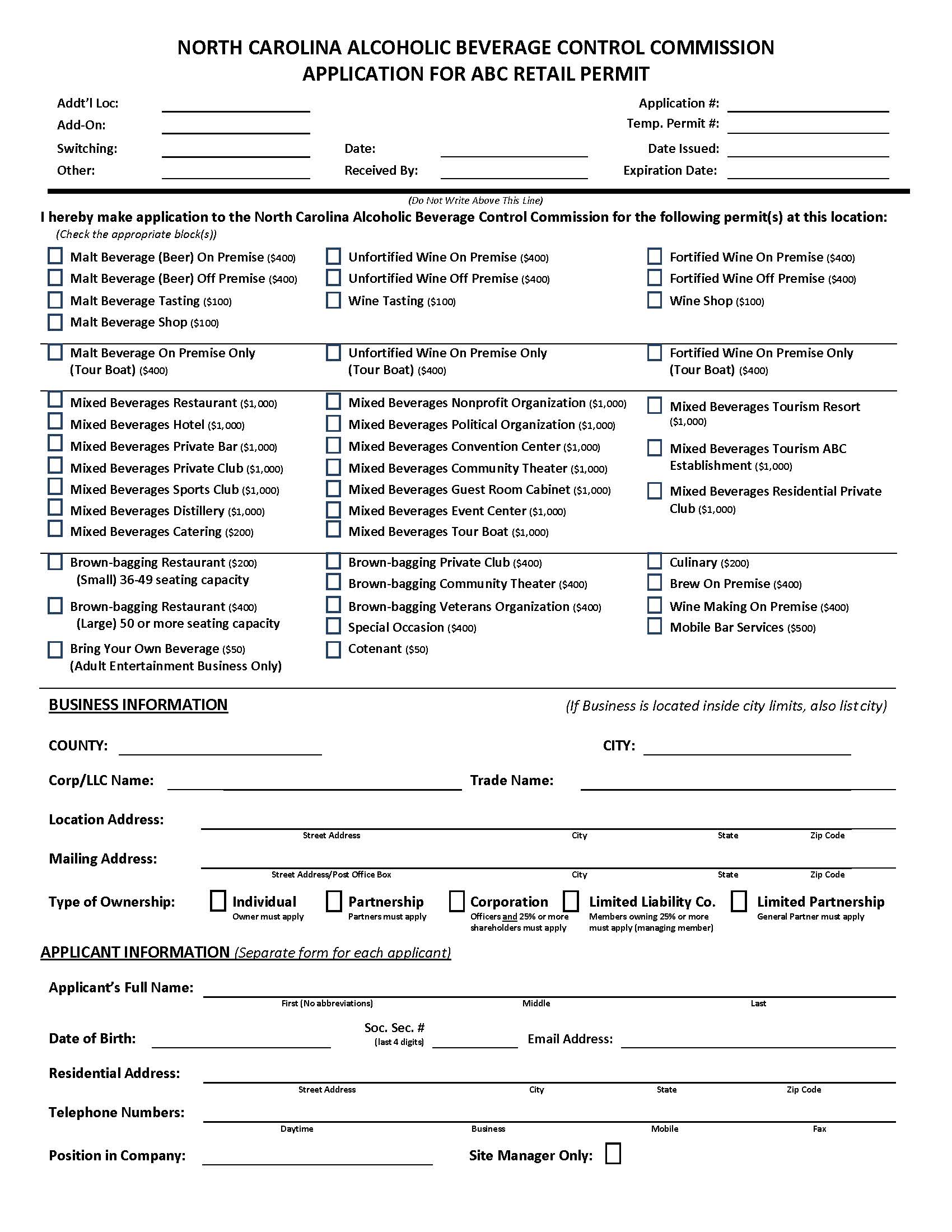 Application For ABC Retail Permit | Pdf Fpdf Doc Docx | North Carolina