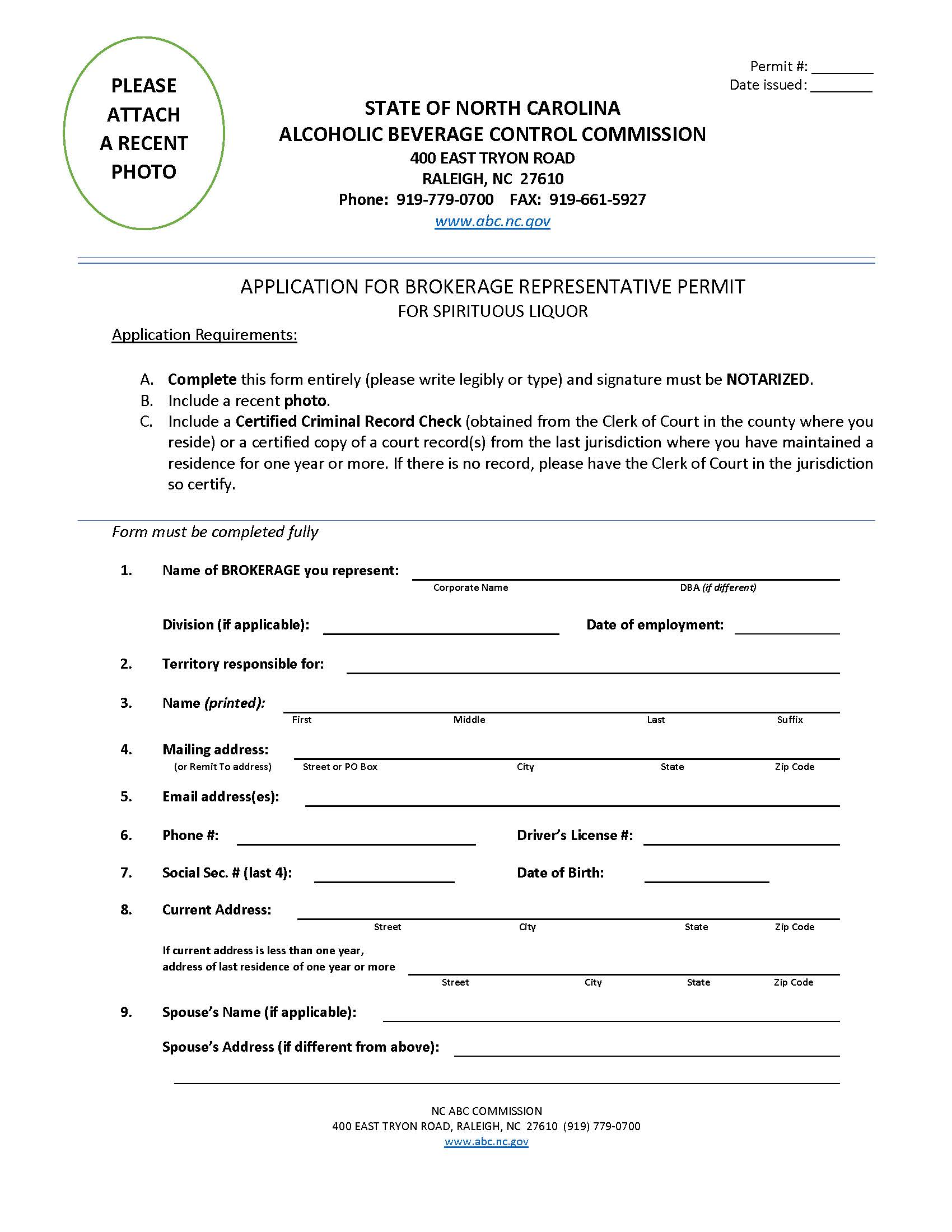 Application For Brokerage Representative Permit For Spirituous Liquor | Pdf Fpdf Doc Docx | North Carolina