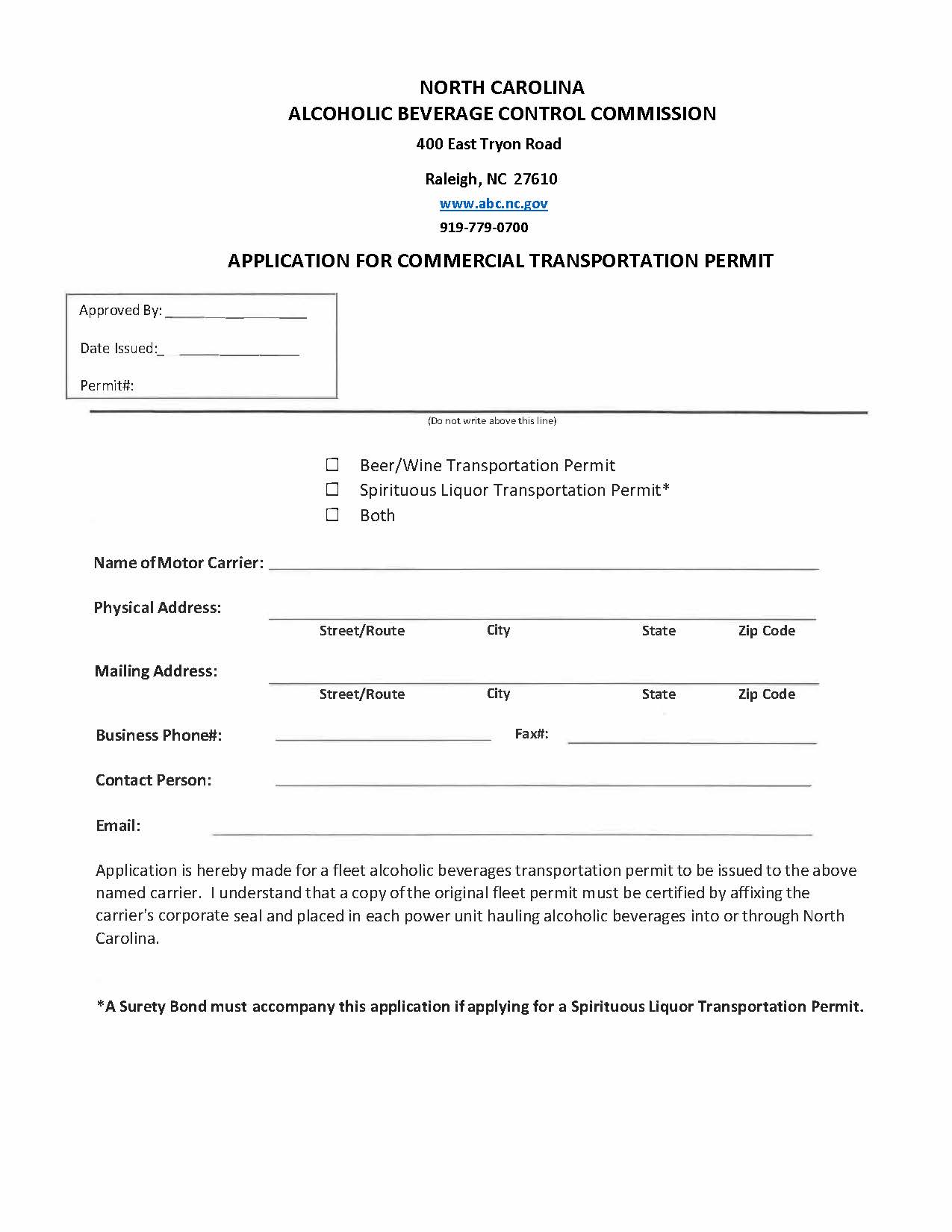Application For Commercial Transportation Permit | Pdf Fpdf Doc Docx | North Carolina