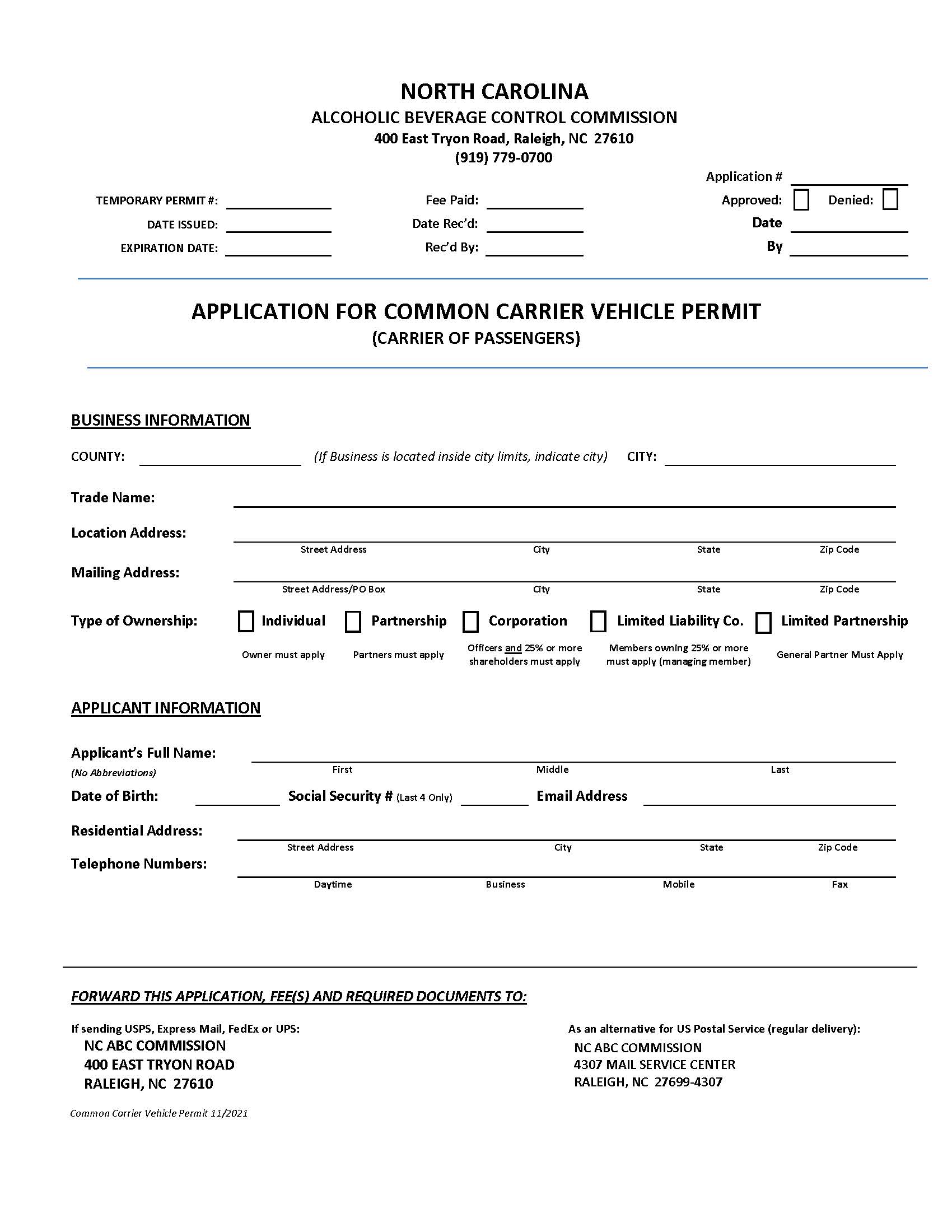 Application For Common Carrier Vehicle Permit | Pdf Fpdf Doc Docx | North Carolina