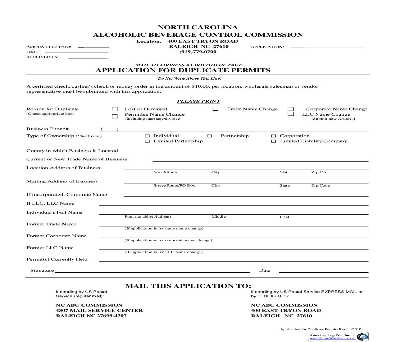 Application For Duplicate Permits | Pdf Fpdf Doc Docx | North Carolina