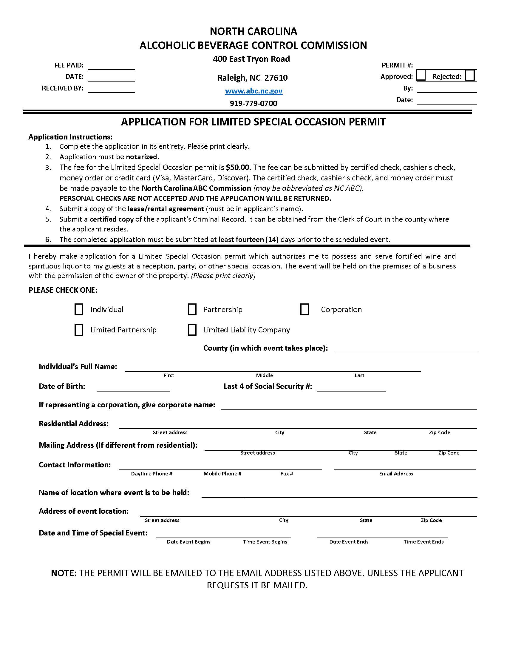 Application For Limited Special Occasion Permit | Pdf Fpdf Doc Docx | North Carolina