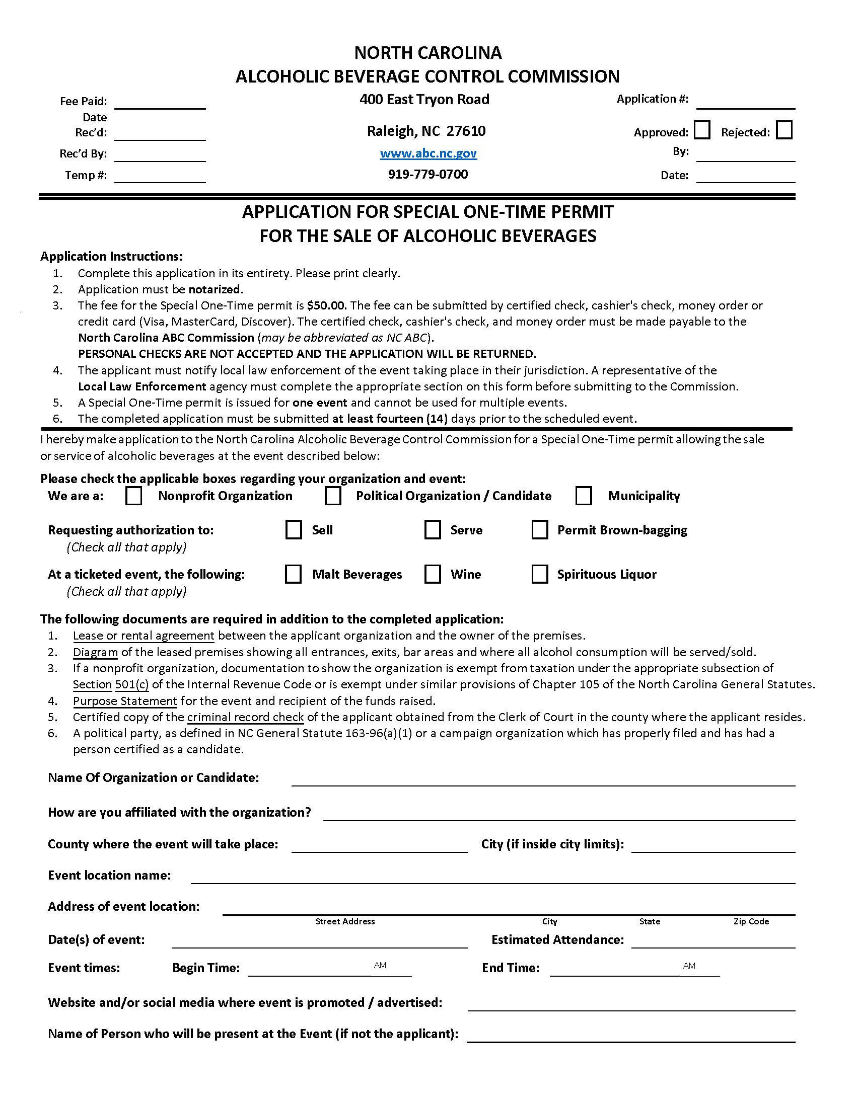 Application For Special One Time Permit For Sale Of Alcoholic Beverages | Pdf Fpdf Doc Docx | North Carolina