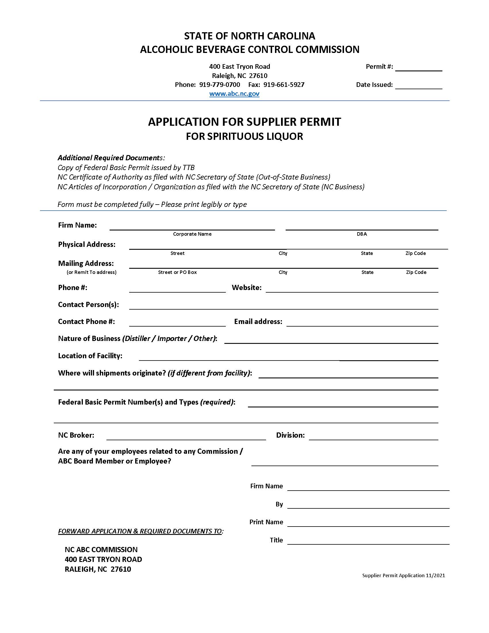 Application For Supplier Permit For Spirituous Liquor | Pdf Fpdf Doc Docx | North Carolina