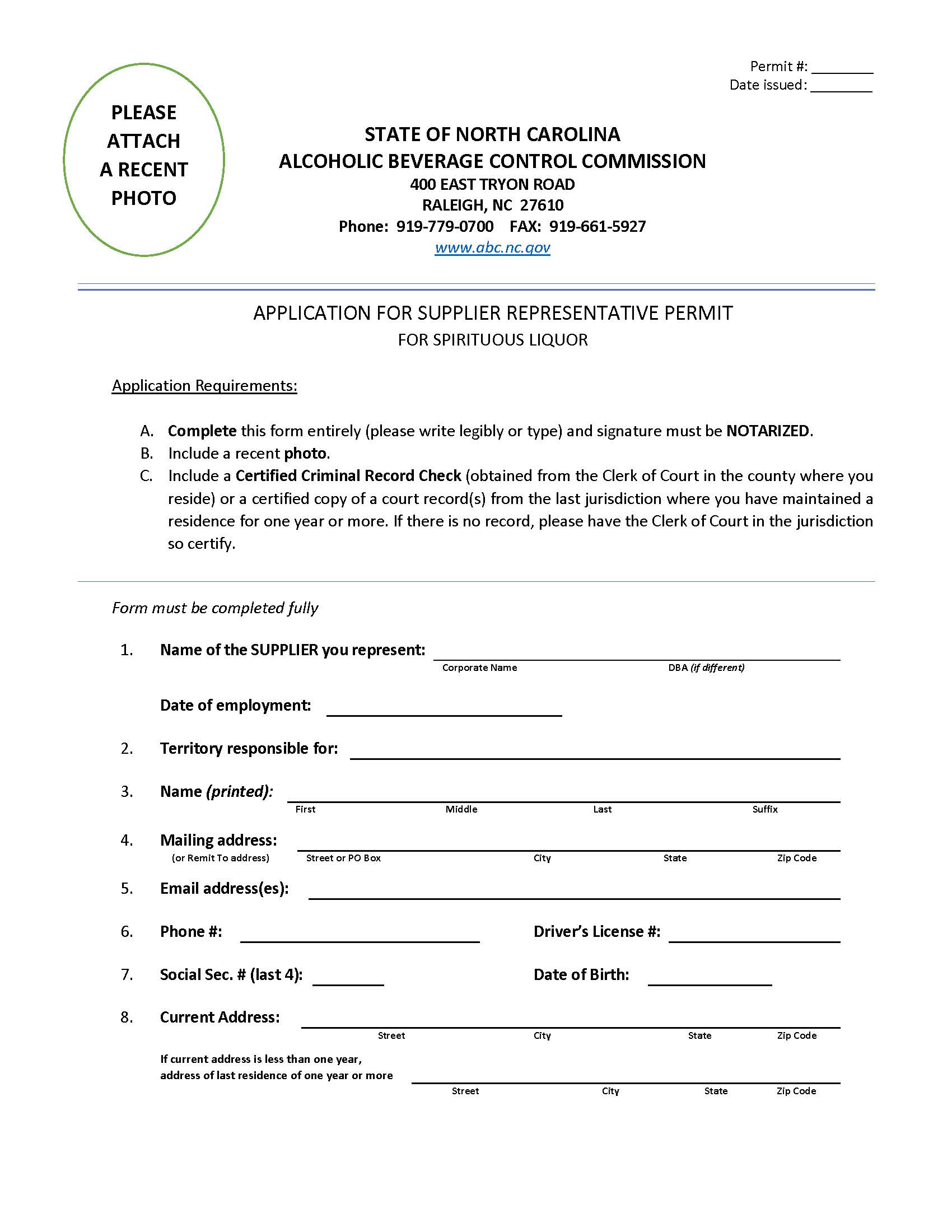 Application For Supplier Representative Permit For Spirituous Liquor | Pdf Fpdf Doc Docx | North Carolina