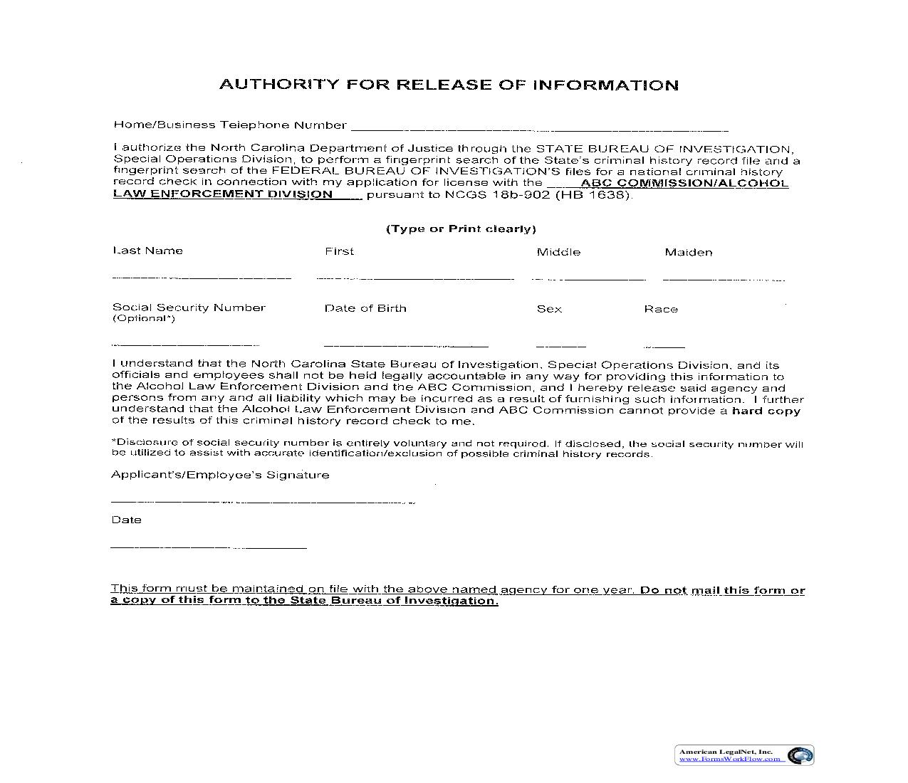 Authority For Release Of Information | Pdf Fpdf Doc Docx | North Carolina