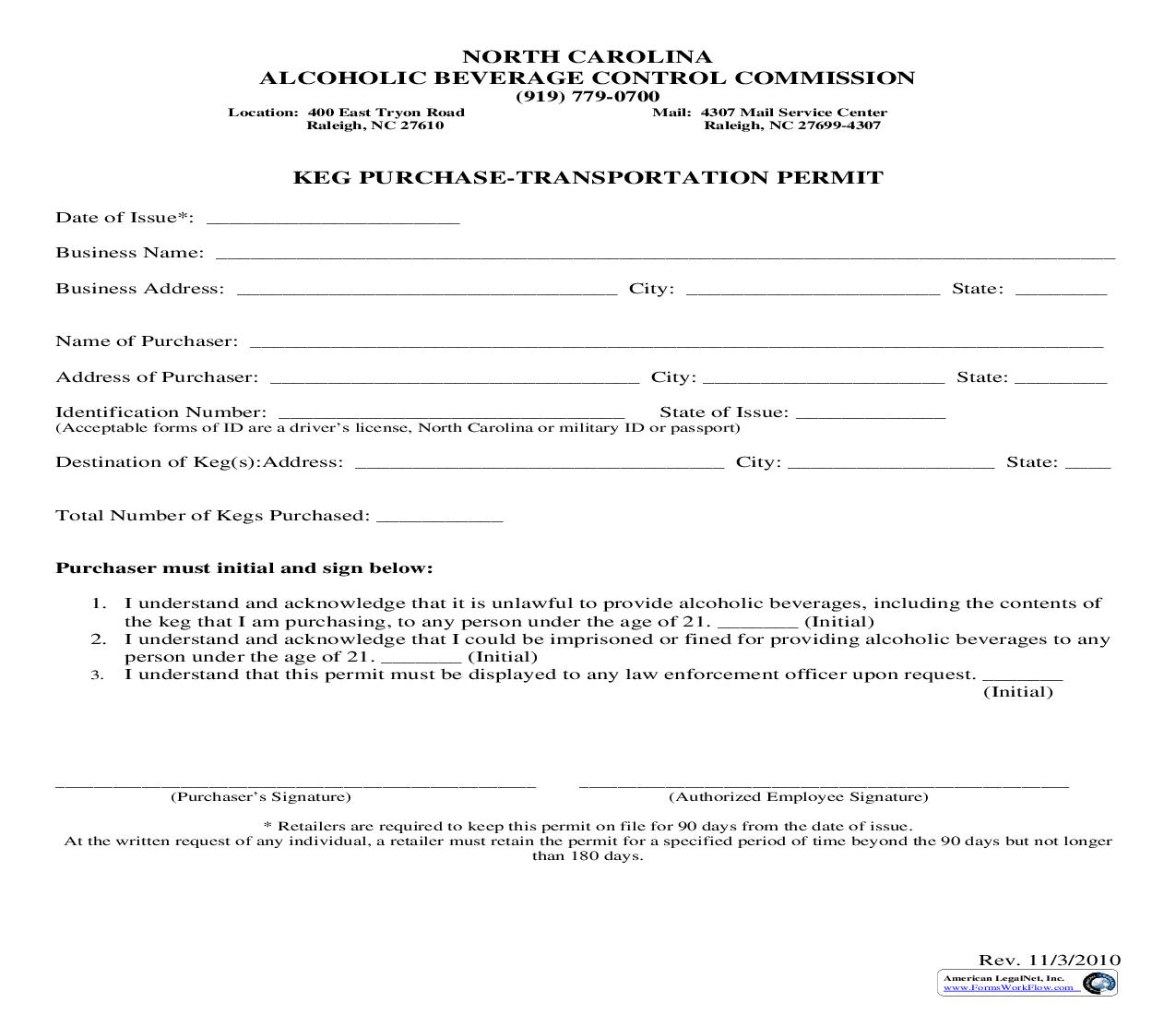 Keg Purchase Transportation Permit | Pdf Fpdf Doc Docx | North Carolina