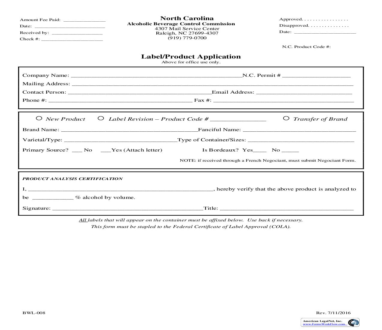 Label Product Application {BWL-008} | Pdf Fpdf Doc Docx | North Carolina