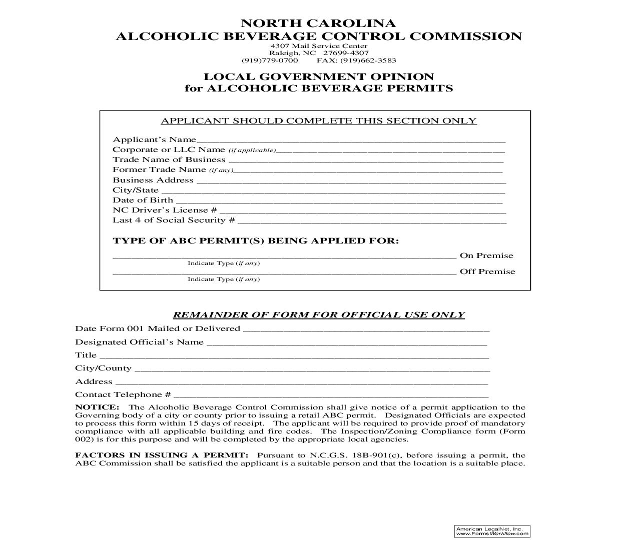 Local Government Opinion For Alcoholic Beverage Permits {ABC-001} | Pdf Fpdf Doc Docx | North Carolina
