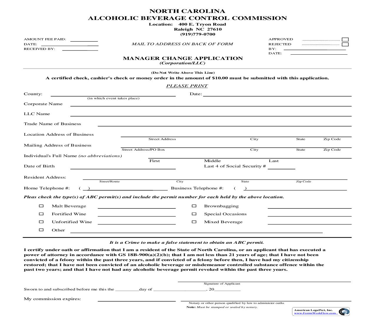 Manager Change Application | Pdf Fpdf Doc Docx | North Carolina