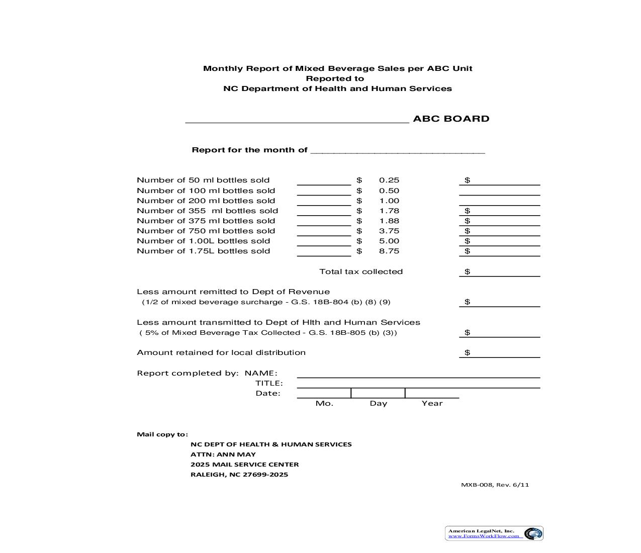 Monthly Report Of Mixed Beverage Sales  Per Unit {MXB 008} | Pdf Fpdf Doc Docx | North Carolina