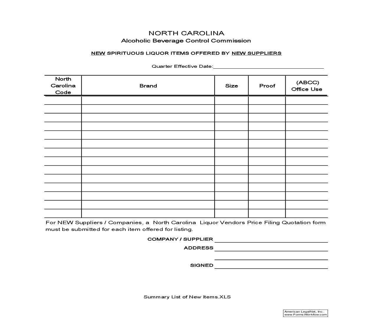 New Spirituous Liquor Items Offered By New Suppliers | Pdf Fpdf Doc Docx | North Carolina