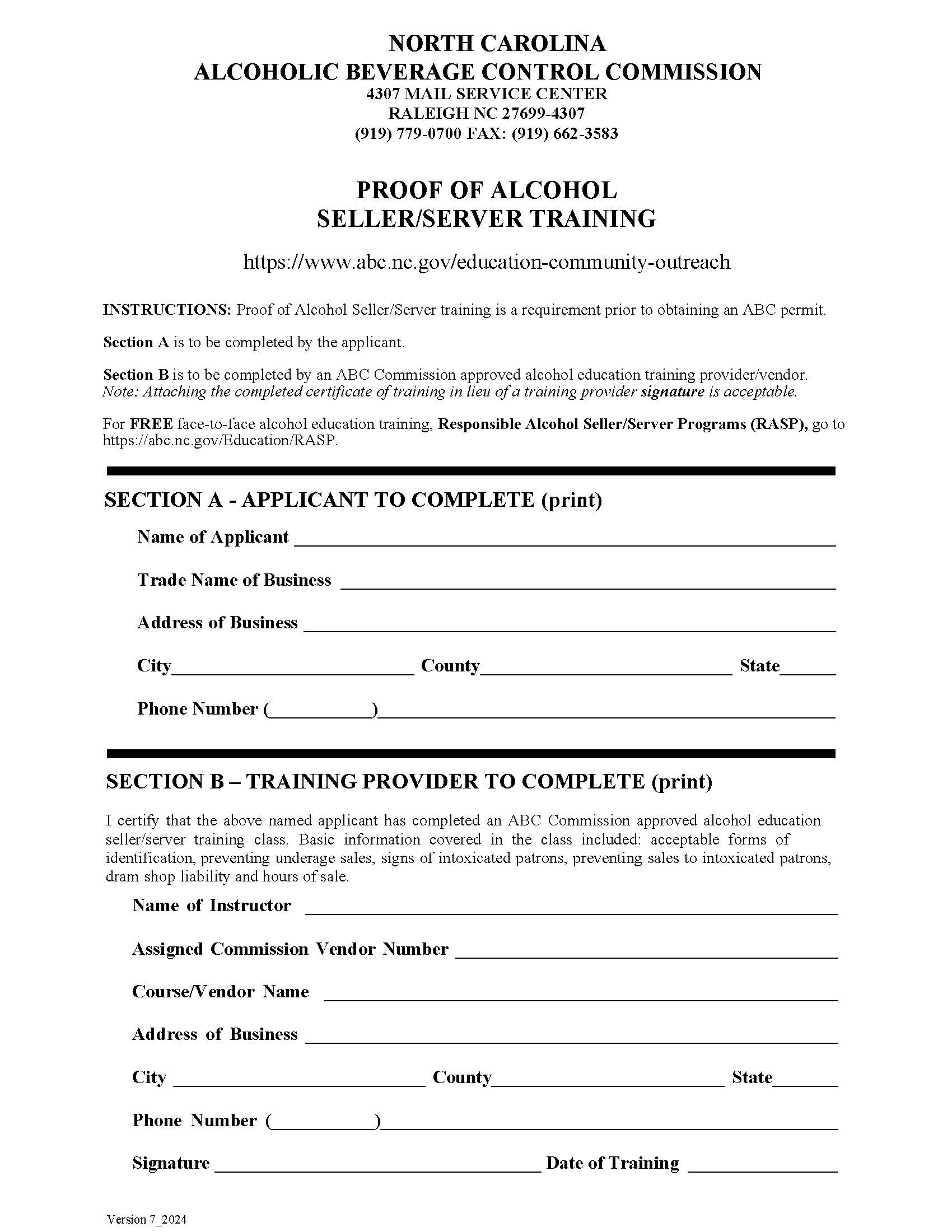 Proof Of Alcohol Seller-Server Training | Pdf Fpdf Doc Docx | North Carolina