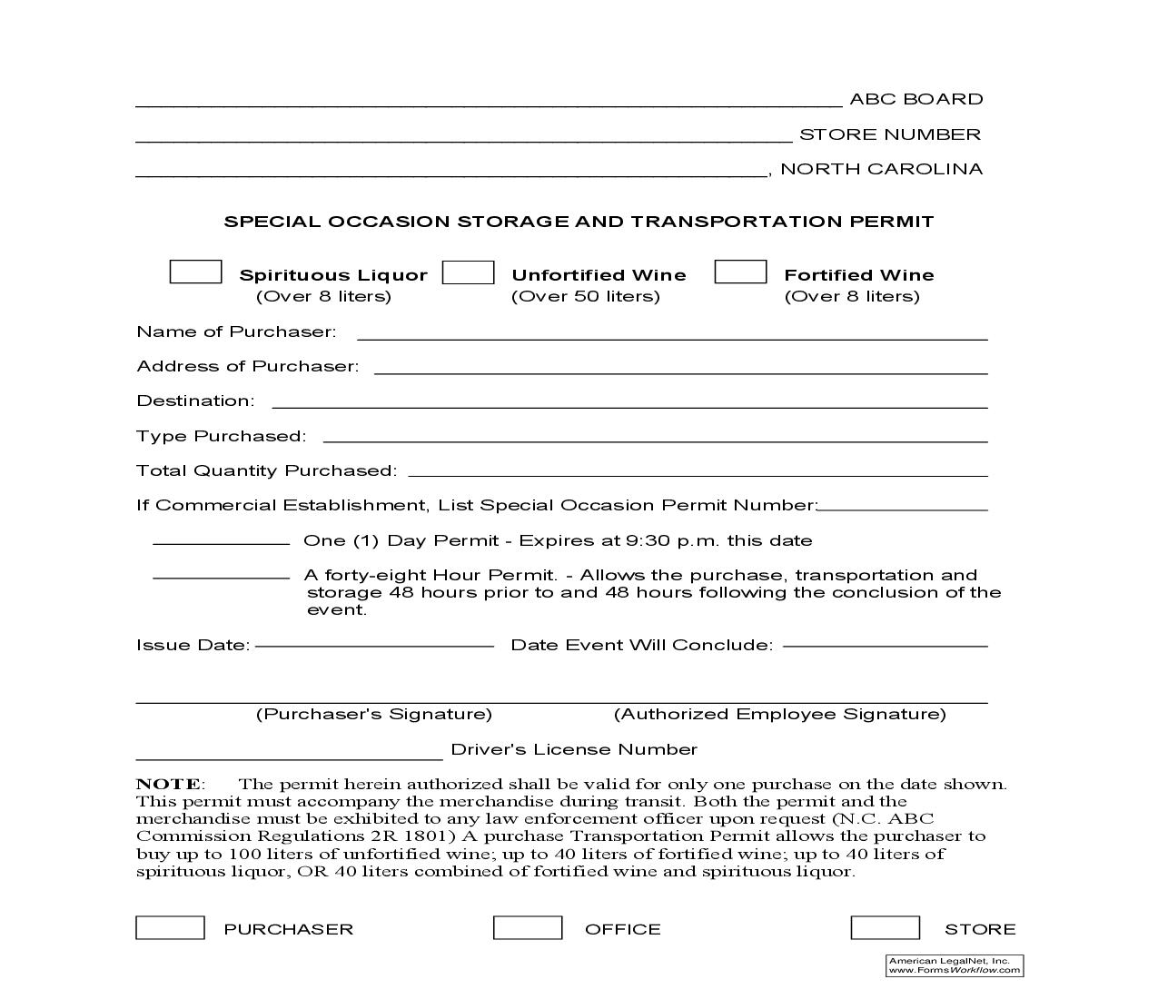Special Occasion Storage And Transportation Permit | Pdf Fpdf Doc Docx | North Carolina