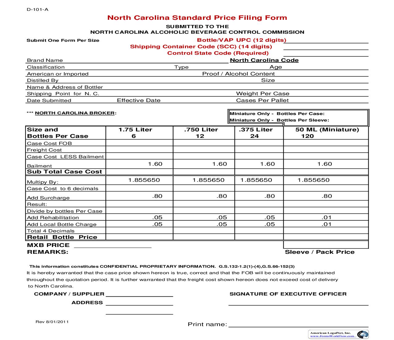 Standard Price Filing Form {D-101-A} | Pdf Fpdf Doc Docx | North Carolina