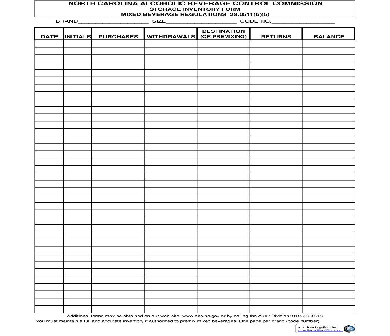Storage Inventory Form | Pdf Fpdf Doc Docx | North Carolina
